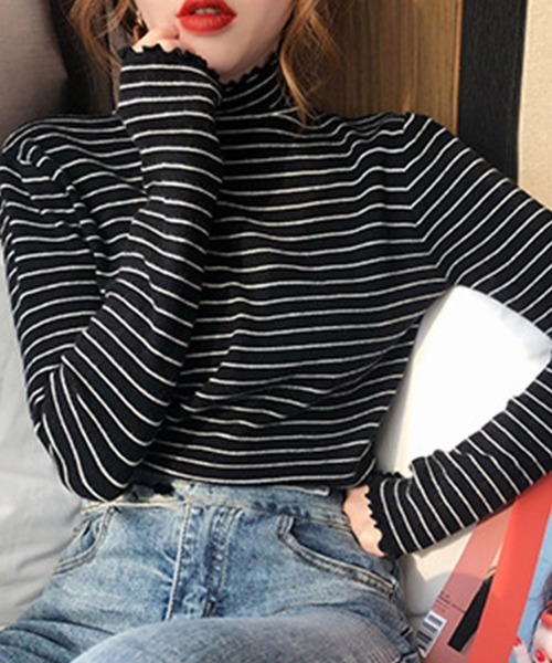 Miniministore(ミニミニストア)の「ボーダー柄ニットトップス 韓国ハイネック(ニット/セーター・レディース・ブラック/ホワイト/ベージュ/ブラウン・フリー)」の6枚目の写真