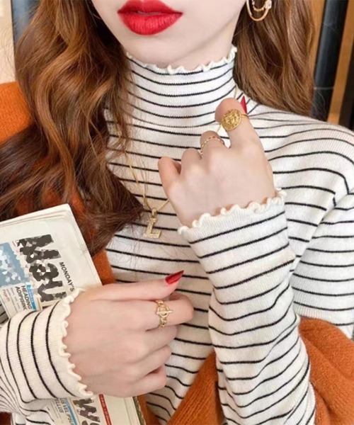 Miniministore(ミニミニストア)の「ボーダー柄ニットトップス 韓国ハイネック(ニット/セーター・レディース・ブラック/ホワイト/ベージュ/ブラウン・フリー)」の9枚目の写真