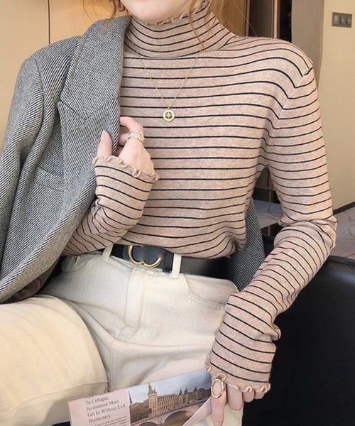 Miniministore(ミニミニストア)の「ボーダー柄ニットトップス 韓国ハイネック(ニット/セーター・レディース・ブラック/ホワイト/ベージュ/ブラウン・フリー)」の11枚目の写真