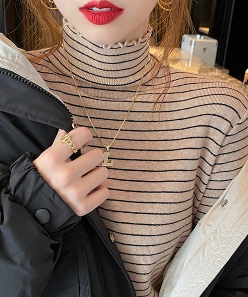Miniministore(ミニミニストア)の「ボーダー柄ニットトップス 韓国ハイネック(ニット/セーター・レディース・ブラック/ホワイト/ベージュ/ブラウン・フリー)」の12枚目の写真
