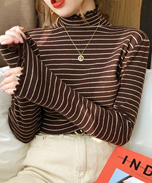 Miniministore(ミニミニストア)の「ボーダー柄ニットトップス 韓国ハイネック(ニット/セーター・レディース・ブラック/ホワイト/ベージュ/ブラウン・フリー)」の13枚目の写真