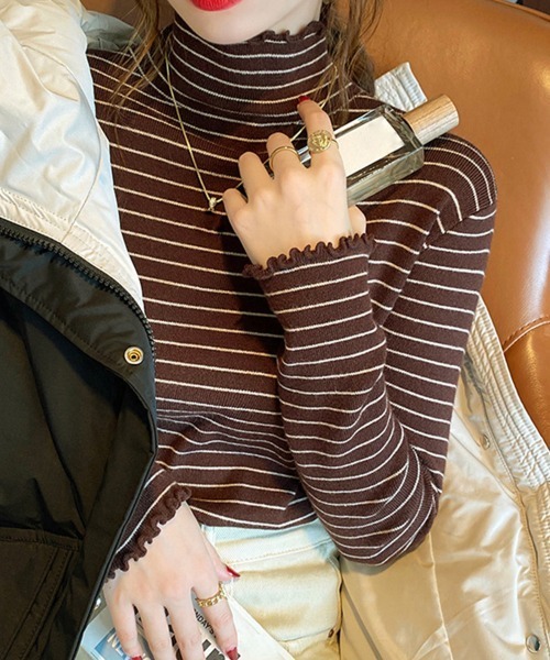 Miniministore(ミニミニストア)の「ボーダー柄ニットトップス 韓国ハイネック(ニット/セーター・レディース・ブラック/ホワイト/ベージュ/ブラウン・フリー)」の14枚目の写真