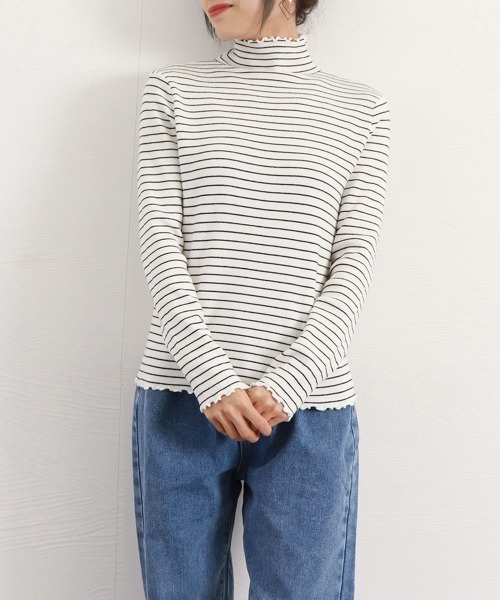 Miniministore(ミニミニストア)の「ボーダー柄ニットトップス 韓国ハイネック(ニット/セーター・レディース・ブラック/ホワイト/ベージュ/ブラウン・フリー)」の15枚目の写真