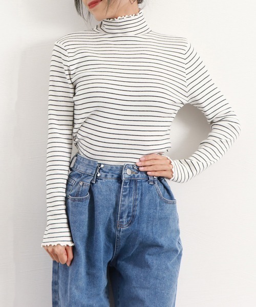 Miniministore(ミニミニストア)の「ボーダー柄ニットトップス 韓国ハイネック(ニット/セーター・レディース・ブラック/ホワイト/ベージュ/ブラウン・フリー)」の16枚目の写真