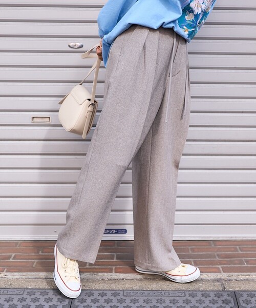 ★DRAW FIT★ ワイド バンディング スリーク プリーツ パンツ セール】リネンタッチ ツータックワイドパンツ/センタープレス