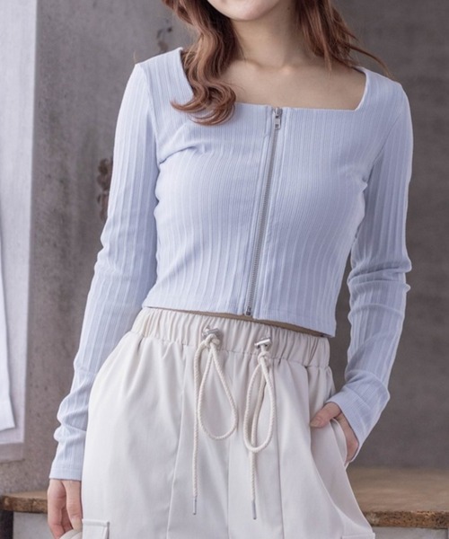 clear（クリア）の「スクエアジップリブ長袖カットソー（Tシャツ/カットソー・レディース・ライトグレー/オフホワイト/ブラック・F）」の3枚目の写真