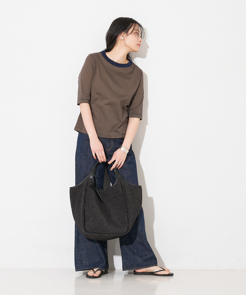 marco masi(マルコマージ)の「【MARCO MASI】レザーハンドルラフィアバッグ L(かごバッグ・レディース・ブラック/ライトグレー・L)」の3枚目の写真