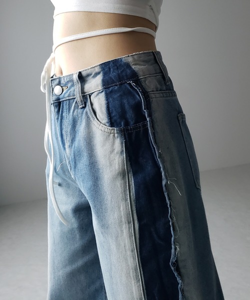 me+em select（ミームセレクト）の「【 選べる３サイズ 】サイドライングラデーションダメージルーズデニム ／ Side line gradation damage loose denim（デニムパンツ・レディース・ブルー・SMALL/MEDIUM/LARGE）」の3枚目の写真