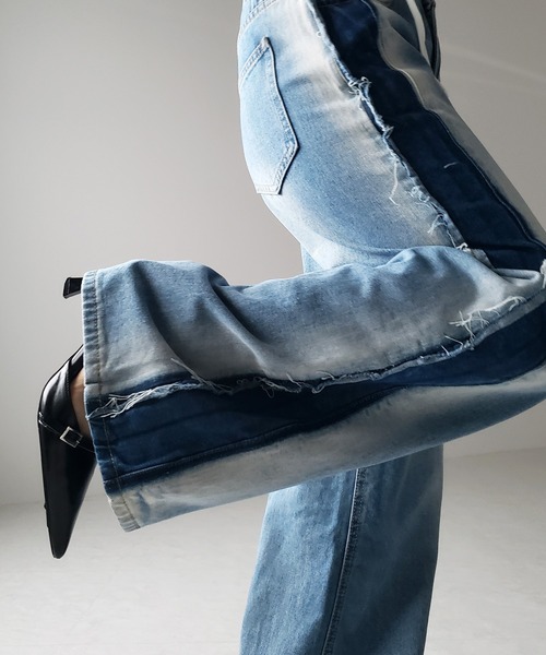 me+em select（ミームセレクト）の「【 選べる３サイズ 】サイドライングラデーションダメージルーズデニム ／ Side line gradation damage loose denim（デニムパンツ・レディース・ブルー・SMALL/MEDIUM/LARGE）」の6枚目の写真