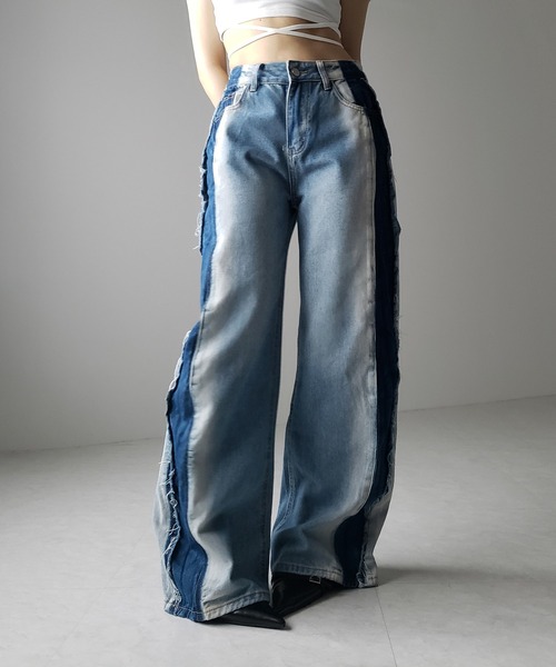 me+em select（ミームセレクト）の「【 選べる３サイズ 】サイドライングラデーションダメージルーズデニム ／ Side line gradation damage loose denim（デニムパンツ・レディース・ブルー・SMALL/MEDIUM/LARGE）」の9枚目の写真