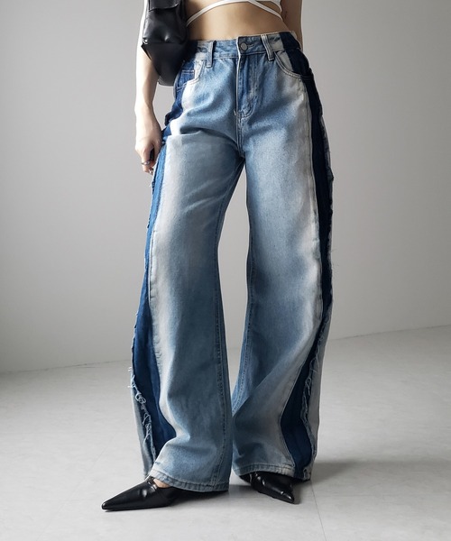 me+em select（ミームセレクト）の「【 選べる３サイズ 】サイドライングラデーションダメージルーズデニム ／ Side line gradation damage loose denim（デニムパンツ・レディース・ブルー・SMALL/MEDIUM/LARGE）」の13枚目の写真