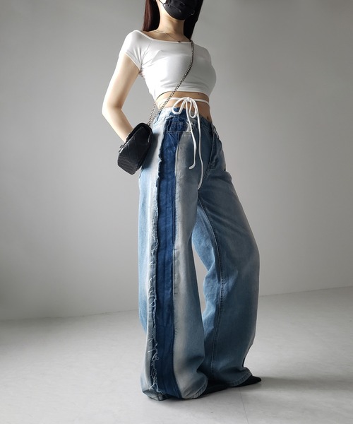 me+em select（ミームセレクト）の「【 選べる３サイズ 】サイドライングラデーションダメージルーズデニム ／ Side line gradation damage loose denim（デニムパンツ・レディース・ブルー・SMALL/MEDIUM/LARGE）」の15枚目の写真