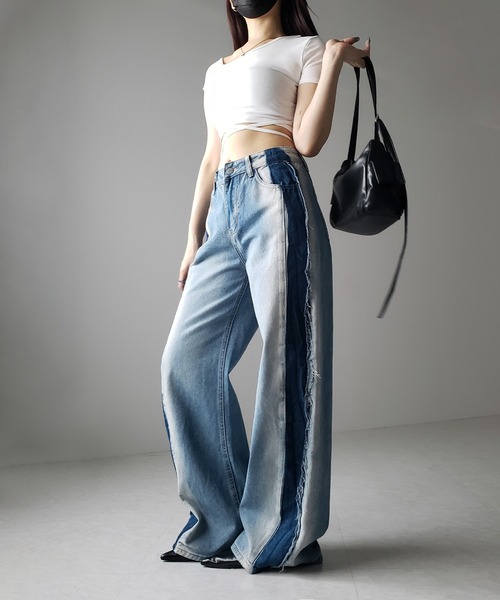 M.U.L リメイクデニムパンツ エムユーエル 白ライン me+em select（ミームセレクト）の「【 選べる3サイズ 】サイドライン