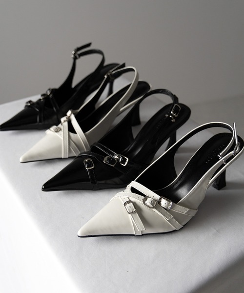 me+em select(ミームセレクト)の「【 2color 】3ベルトポインテッドトゥフェイクレザーミュール / 3 belt pointed toe fake leather mules(パンプス・レディース・アイボリー/ブラック・39/38/37/36)」の7枚目の写真