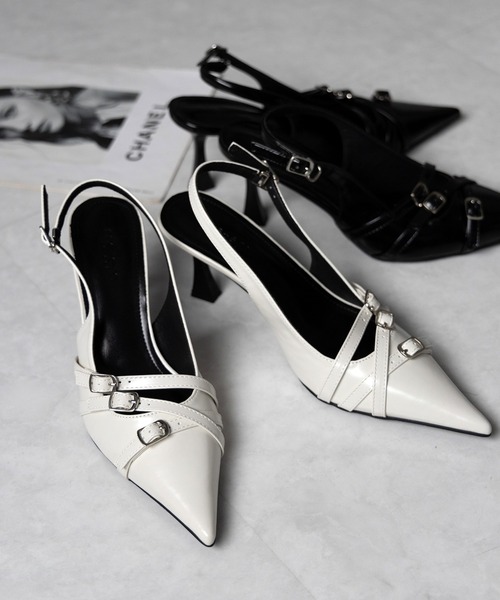 me+em select(ミームセレクト)の「【 2color 】3ベルトポインテッドトゥフェイクレザーミュール / 3 belt pointed toe fake leather mules(パンプス・レディース・アイボリー/ブラック・39/38/37/36)」の16枚目の写真