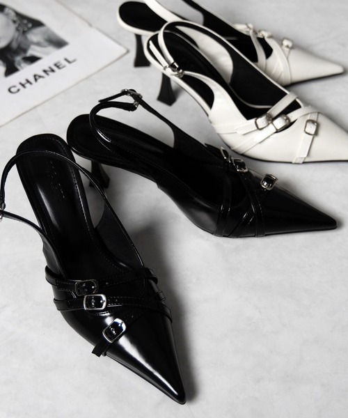 me+em select(ミームセレクト)の「【 2color 】3ベルトポインテッドトゥフェイクレザーミュール / 3 belt pointed toe fake leather mules(パンプス・レディース・アイボリー/ブラック・39/38/37/36)」の21枚目の写真