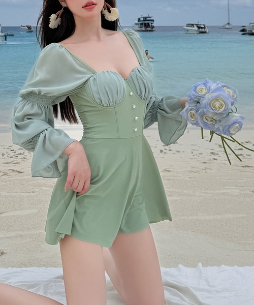 ◆boohoo◆ リーフプリントのミドル丈スイムウェア / khaki セール】レディース水着 パール調ボタンマムルークスリーブ