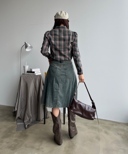 SHAGGIE（シャギー）の「パワショルチェック柄ブラウス（シャツ/ブラウス・レディース・ブラウン/グリーン・FREE）」の5枚目の写真