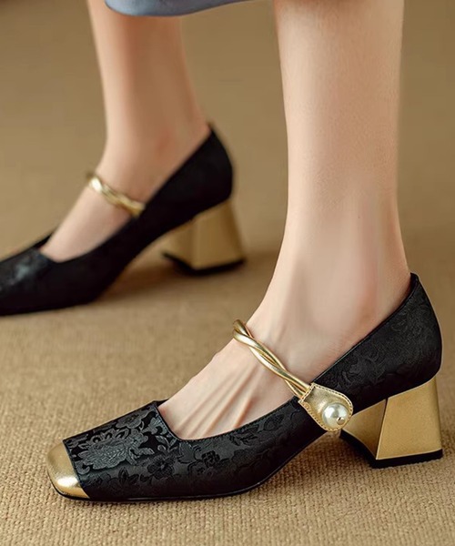 セール】【shoes365】刺繍模様 切り替えつま先デザインパンプス