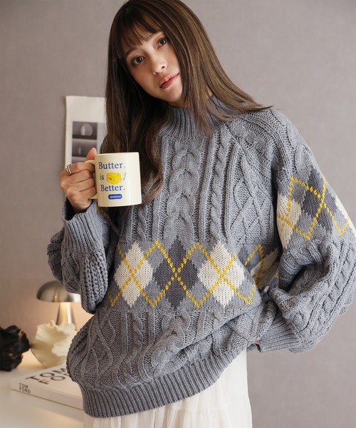 セール】アーガイルケーブルハイネック（ニット/セーター）｜LAFFMO