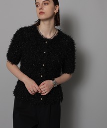 新品✨カデュネ　リボンラメカーディガン　半袖　前後2way　ブルー　M 新品✨カデュネ リボンラメカーディガン 半袖 前後2way ブルー M