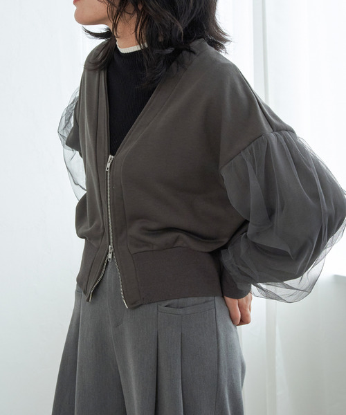 VENCEEXCHANGE（ヴァンスエクスチェンジ）の「裏毛ｘチュールダブルZIPカーディガン（カーディガン/ボレロ・レディース・チャコール/ブラック/オフホワイト/杢グレー・FREE）」の4枚目の写真