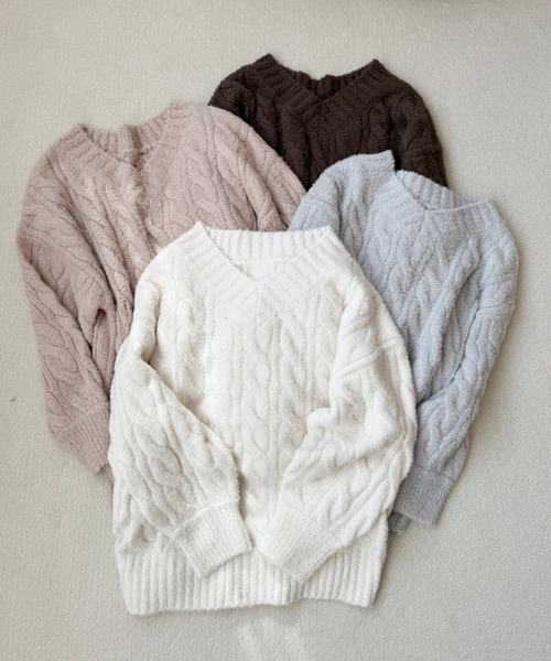 one after another NICE CLAUP(ワンアフターアナザーナイスクラップ)の「ケーブルニットチュニック(ニット/セーター・レディース・ベージュ/ブラウン/アイボリー/サックスブルー・FREE)」の6枚目の写真