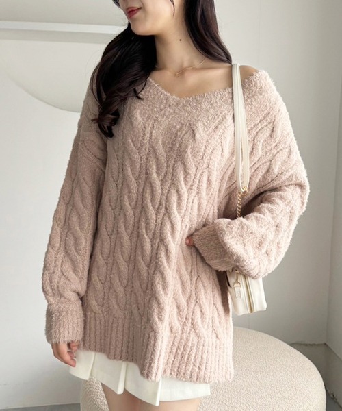 one after another NICE CLAUP(ワンアフターアナザーナイスクラップ)の「ケーブルニットチュニック(ニット/セーター・レディース・ベージュ/ブラウン/アイボリー/サックスブルー・FREE)」の10枚目の写真