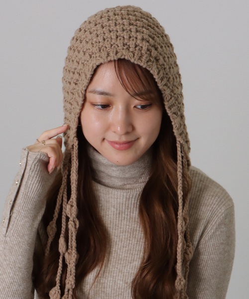 Lace Ladies(レースレディース)の「ソリッドカラー 耳付き フリンジ ニット ワッチ(ニットキャップ/ビーニー・レディース・ベージュ/ブラック/アイボリー・FREE)」の9枚目の写真