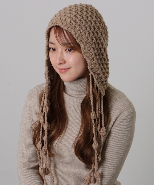 Lace Ladies(レースレディース)の「ソリッドカラー 耳付き フリンジ ニット ワッチ(ニットキャップ/ビーニー・レディース・ベージュ/ブラック/アイボリー・FREE)」の10枚目の写真