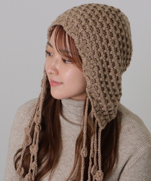 Lace Ladies(レースレディース)の「ソリッドカラー 耳付き フリンジ ニット ワッチ(ニットキャップ/ビーニー・レディース・ベージュ/ブラック/アイボリー・FREE)」の11枚目の写真