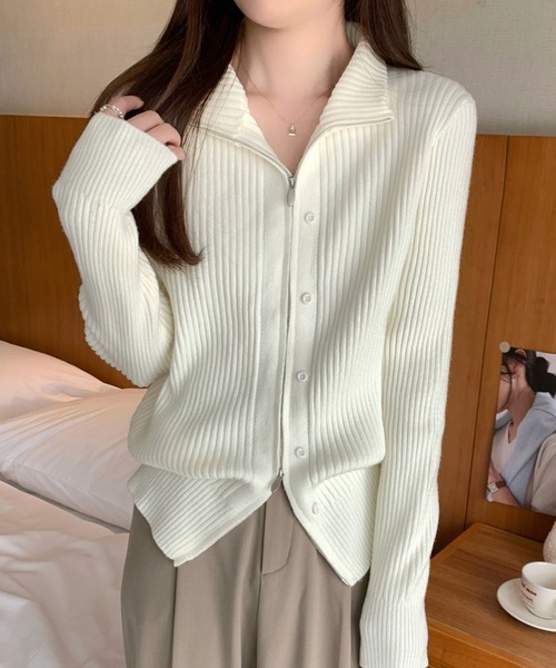 【セール】ハイネックダブルジップリブニットカーディガン（カーディガン/ボレロ）｜Doula Doula（ドゥーラドゥーラ）