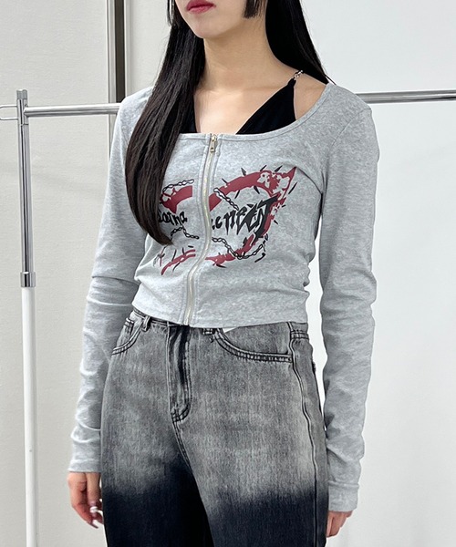 Figments(フィグメンツ)の「フロントZIPキャミセットトップス(Tシャツ/カットソー・レディース・グレー/ブラック・FREE)」の1枚目の写真