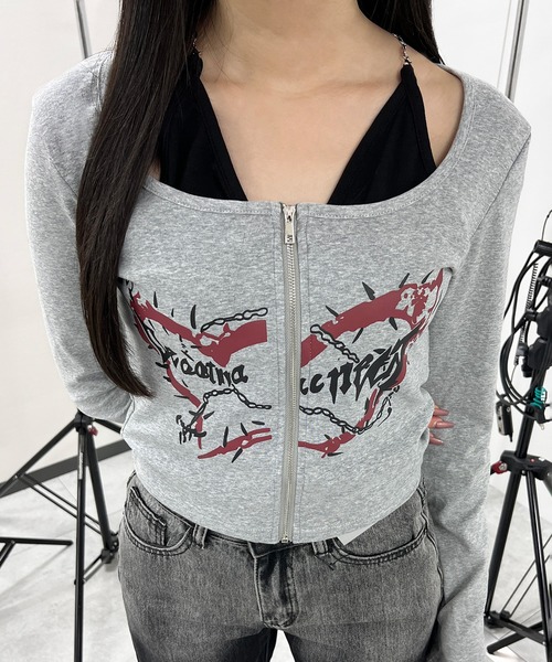 Figments(フィグメンツ)の「フロントZIPキャミセットトップス(Tシャツ/カットソー・レディース・グレー/ブラック・FREE)」の14枚目の写真