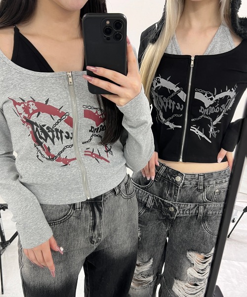 Figments(フィグメンツ)の「フロントZIPキャミセットトップス(Tシャツ/カットソー・レディース・グレー/ブラック・FREE)」の13枚目の写真