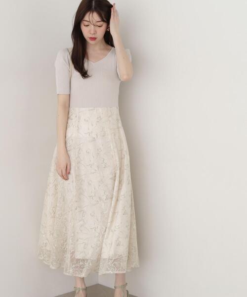 プロポーションボディドレッシング チュールフラワーニットドッキングワンピース セール】チュールフラワーニットドッキングワンピース