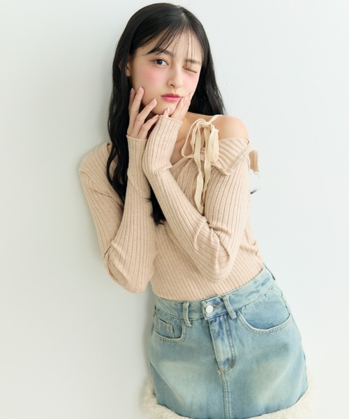 セール】リボンショルダーリブトップス（Tシャツ/カットソー