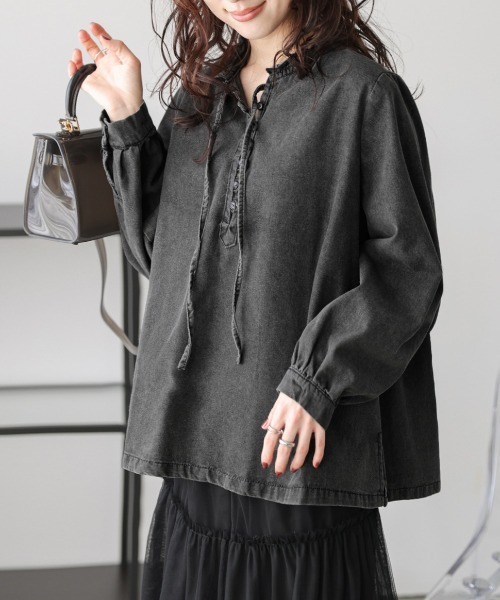 SUGAR BISKET(シュガービスケット)の「スタンドフリルカラー デニムブラウス(シャツ/ブラウス・レディース・ライトブルー/ブラック/ブルー・フリー)」の21枚目の写真