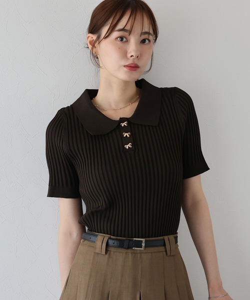 BLUEEAST（ブルーイースト）の「《お気に入り1.1万人突破！》リボンボタンポロ衿ニット（ニット/セーター・レディース・ブラック/オフホワイト/ピンク/ミント/ブラウン・MEDIUM）」の4枚目の写真