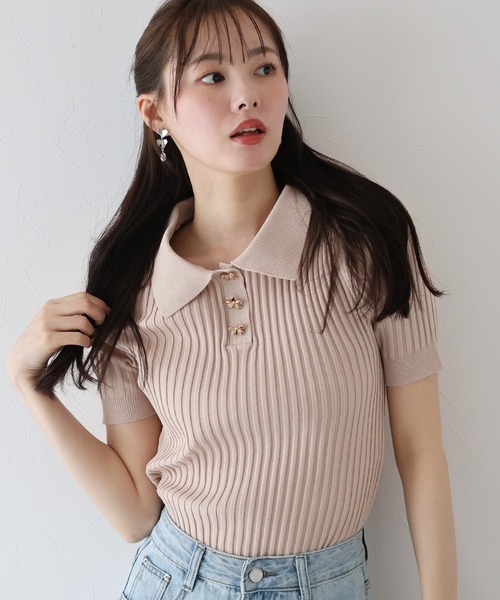 BLUEEAST（ブルーイースト）の「《お気に入り1.1万人突破！》リボンボタンポロ衿ニット（ニット/セーター・レディース・ブラック/オフホワイト/ピンク/ミント/ブラウン・MEDIUM）」の5枚目の写真