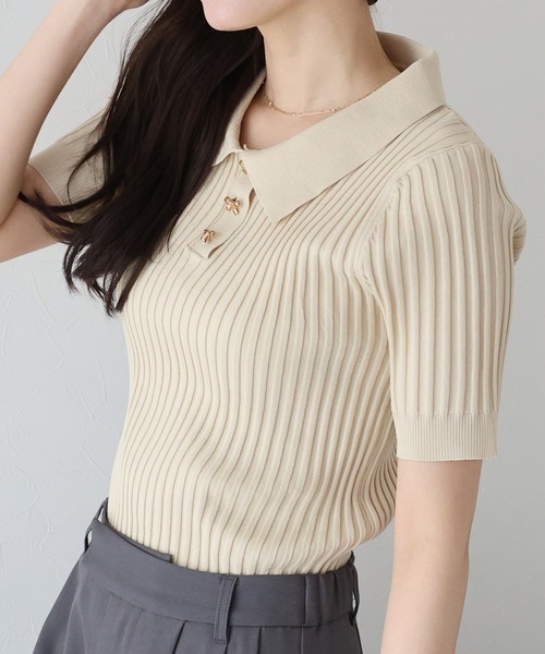 BLUEEAST（ブルーイースト）の「《お気に入り1.1万人突破！》リボンボタンポロ衿ニット（ニット/セーター・レディース・ブラック/オフホワイト/ピンク/ミント/ブラウン・MEDIUM）」の8枚目の写真