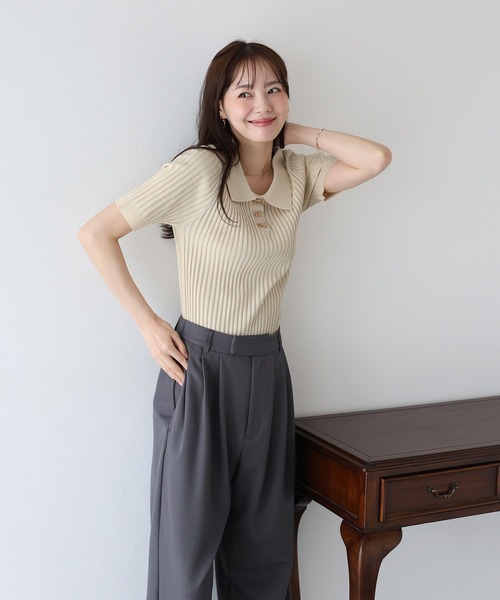 BLUEEAST（ブルーイースト）の「《お気に入り1.1万人突破！》リボンボタンポロ衿ニット（ニット/セーター・レディース・ブラック/オフホワイト/ピンク/ミント/ブラウン・MEDIUM）」の7枚目の写真