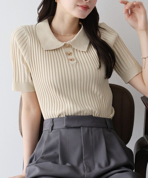 BLUEEAST（ブルーイースト）の「《お気に入り1.1万人突破！》リボンボタンポロ衿ニット（ニット/セーター・レディース・ブラック/オフホワイト/ピンク/ミント/ブラウン・MEDIUM）」の6枚目の写真