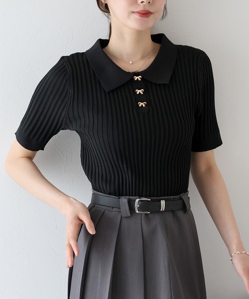 BLUEEAST（ブルーイースト）の「《お気に入り1.1万人突破！》リボンボタンポロ衿ニット（ニット/セーター・レディース・ブラック/オフホワイト/ピンク/ミント/ブラウン・MEDIUM）」の10枚目の写真