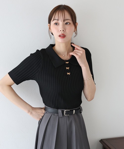 BLUEEAST（ブルーイースト）の「《お気に入り1.1万人突破！》リボンボタンポロ衿ニット（ニット/セーター・レディース・ブラック/オフホワイト/ピンク/ミント/ブラウン・MEDIUM）」の13枚目の写真