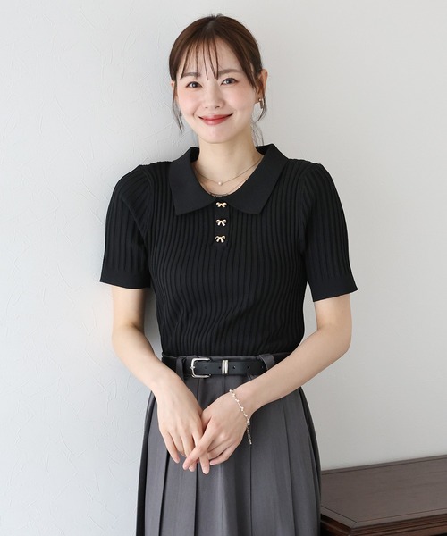 BLUEEAST（ブルーイースト）の「《お気に入り1.1万人突破！》リボンボタンポロ衿ニット（ニット/セーター・レディース・ブラック/オフホワイト/ピンク/ミント/ブラウン・MEDIUM）」の14枚目の写真