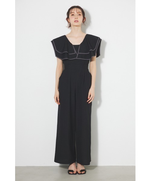 ショルダーダブルフリルロンパース 夏服 半袖 ベージュ rienda パンツドレス 「WEB・一部店舗限定」ショルダーダブル