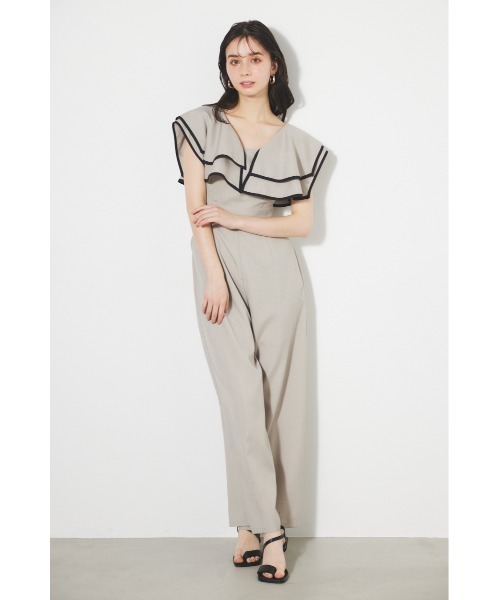 ショルダーダブルフリルロンパース 夏服 半袖 ベージュ rienda パンツドレス 「WEB・一部店舗限定」ショルダーダブル