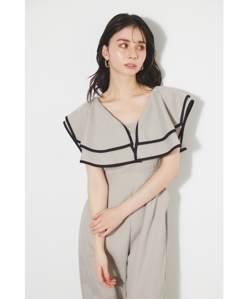 ショルダーダブルフリルロンパース 夏服 半袖 ベージュ rienda パンツドレス 「WEB・一部店舗限定」ショルダーダブル