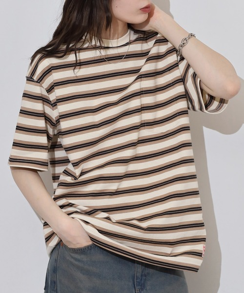 BIG MIKE(ビッグマイク)の「BIG MIKE マルチボーダー サングラスポケット コットン半袖TEEシャツ ポケットTシャツ(Tシャツ/カットソー・メンズ・ミント/チャコール/ナチュラル・M/L/XL)」の7枚目の写真